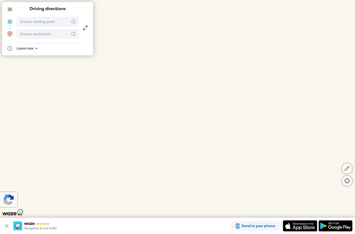 Waze Live Map in a desktop browser with driving directions