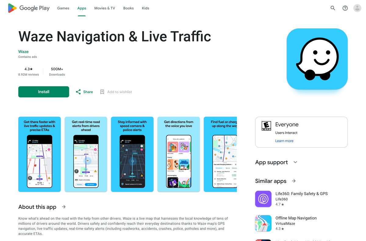 Google Play listing for Waze with its rating and download count
