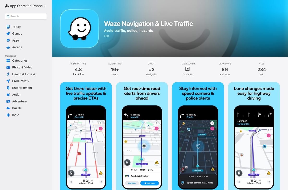 App Store listing for Waze Navigation with its price and ratings
