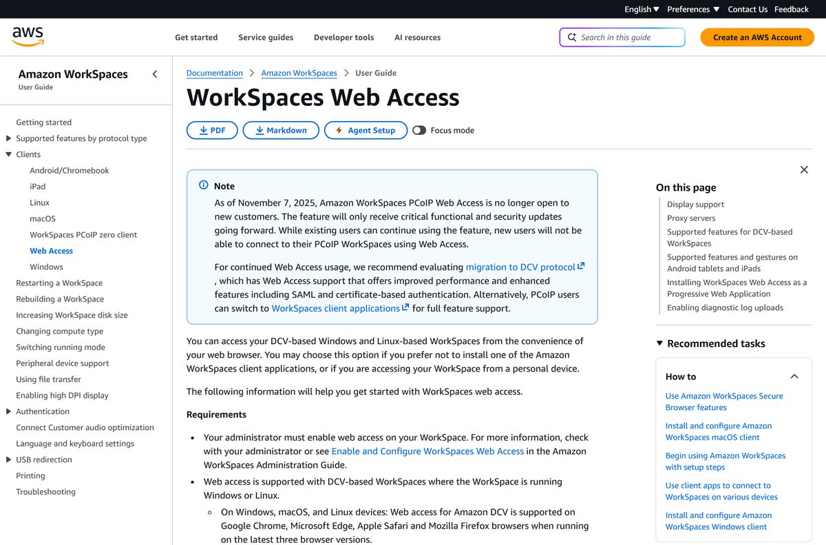 Amazon WorkSpaces Web Access page listing supported browsers