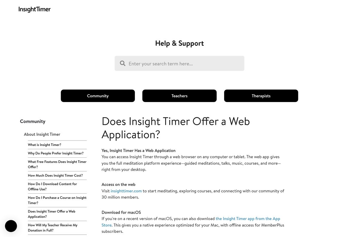 Help article confirming Insight Timer runs in a web browser