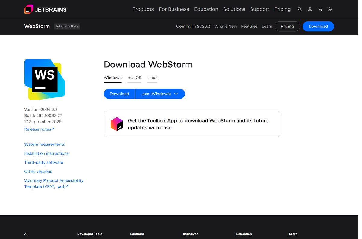 JetBrains download page for WebStorm with Windows, macOS and Linux options