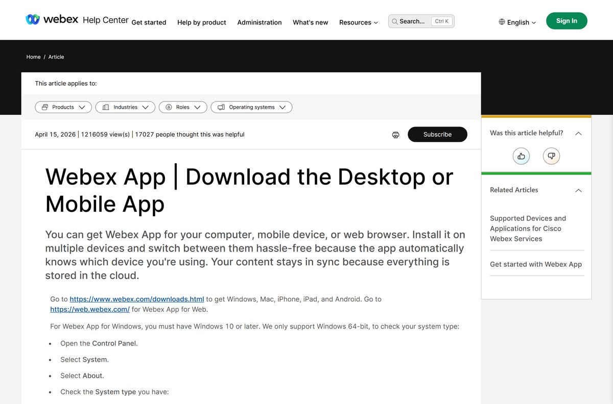 Cisco help article on getting the Webex desktop and mobile app