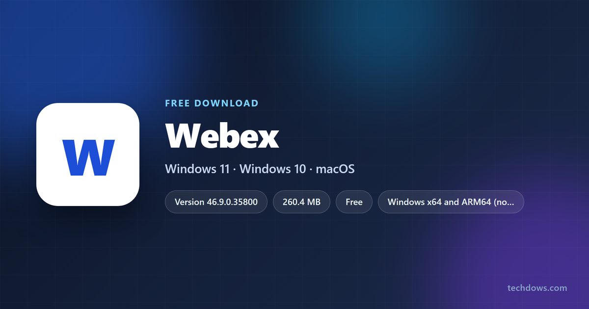 Webex logo with version, download size and supported systems