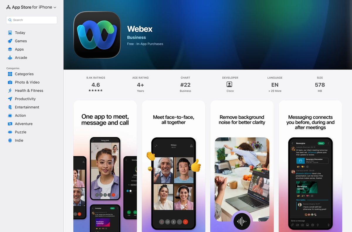 App Store listing for Webex with its rating and size