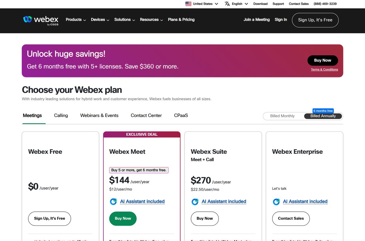 Webex pricing page comparing the Free, Meet, Suite and Enterprise plans