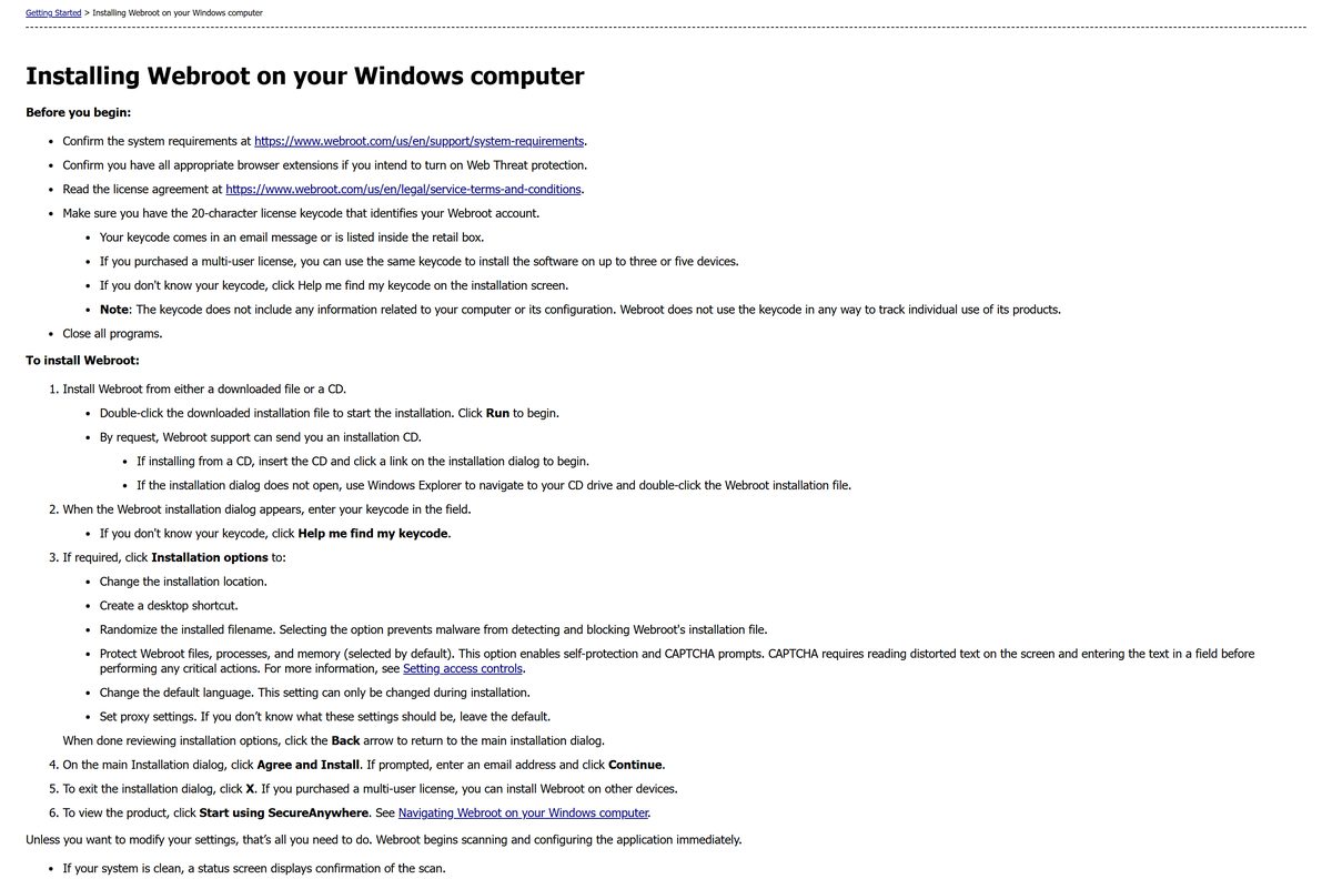 Webroot user guide page listing Windows installation options