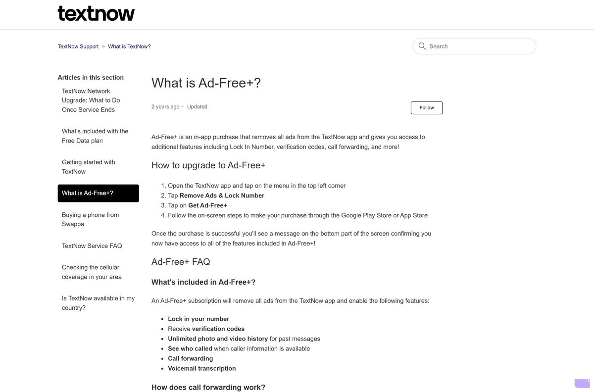 TextNow help page explaining the Ad-Free+ subscription features