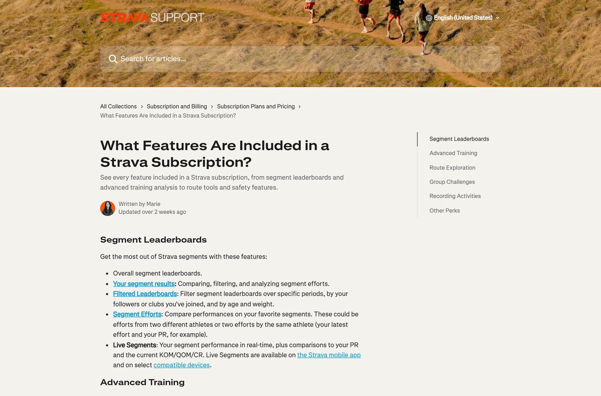 Strava help article listing the paid subscription features
