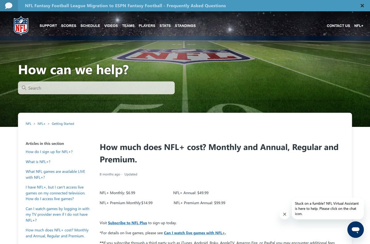 Support article showing monthly and annual subscription prices for NFL Plus
