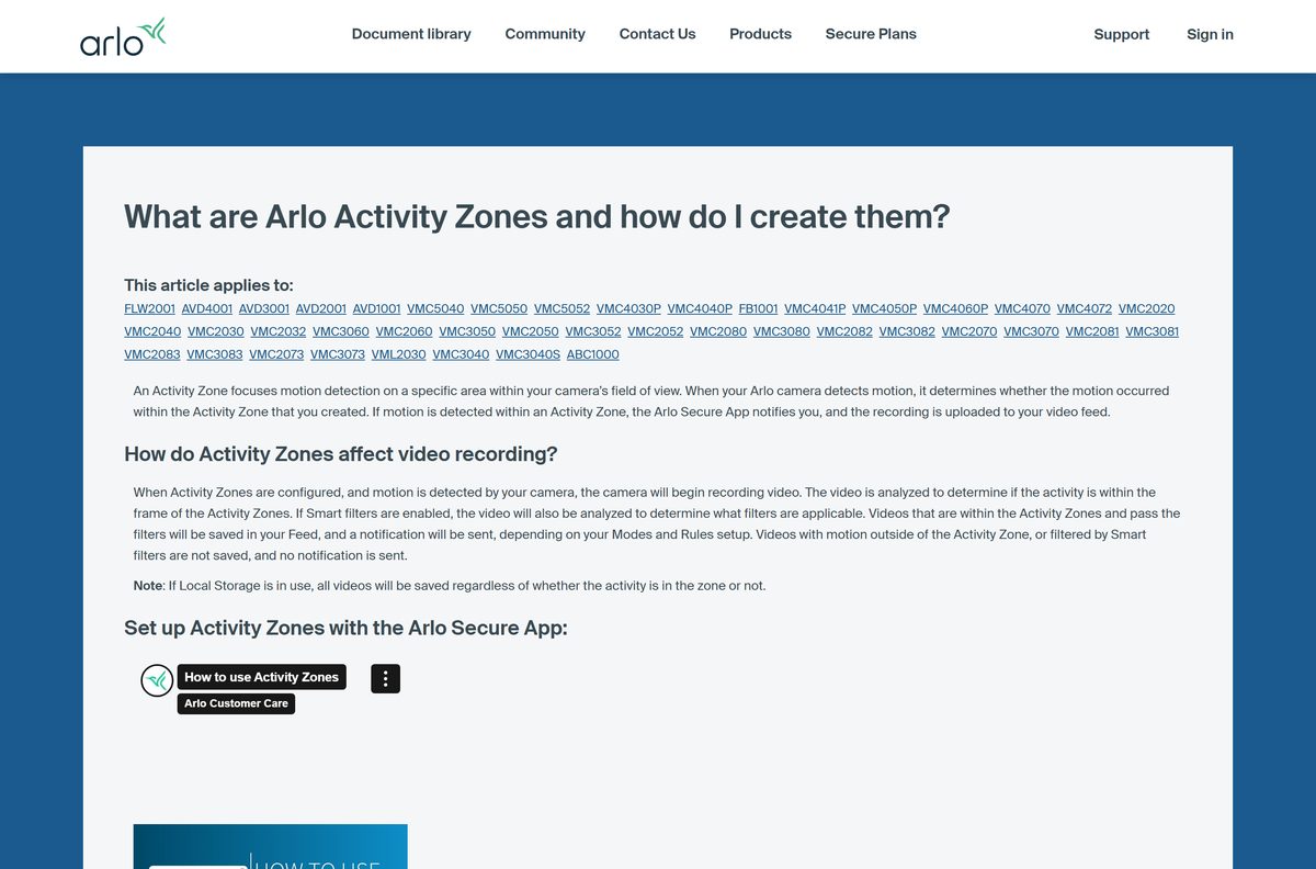 Arlo support article explaining how Activity Zones focus motion detection