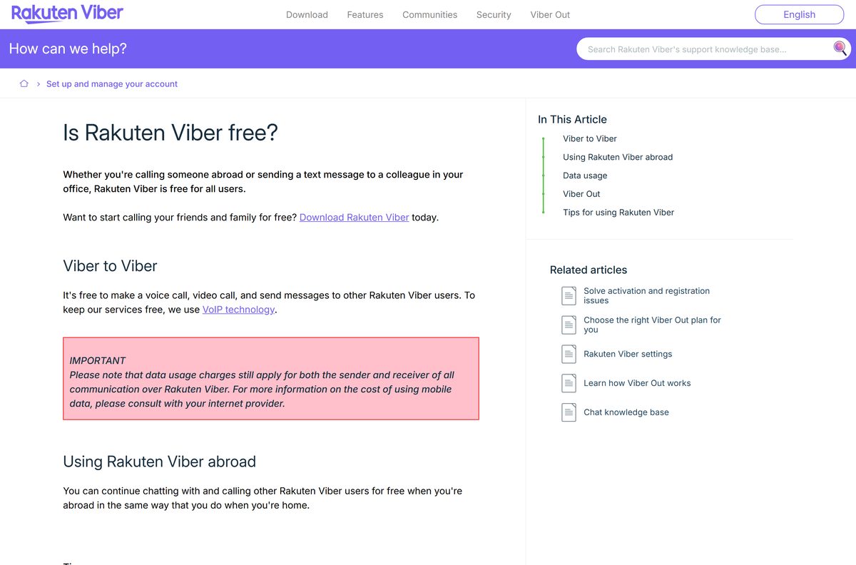 Support page explaining which Viber services cost nothing