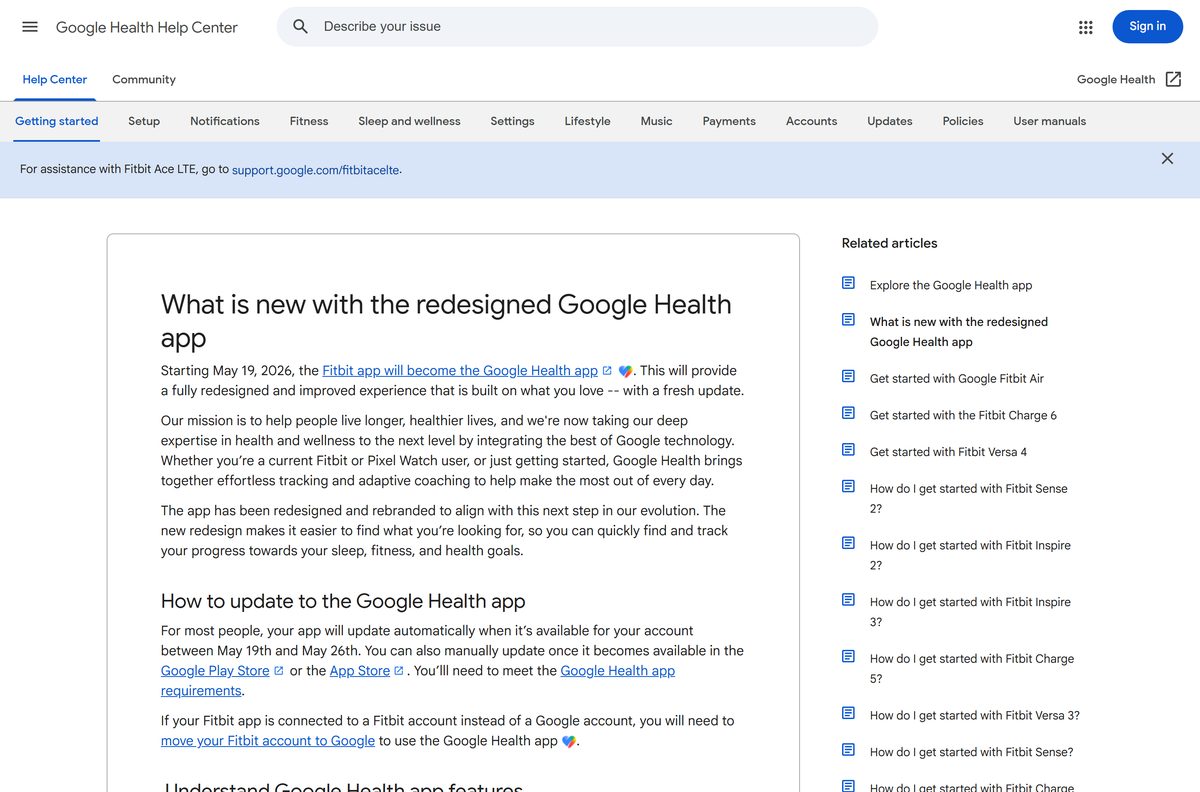 Google Health Help page explaining the renamed Fitbit app