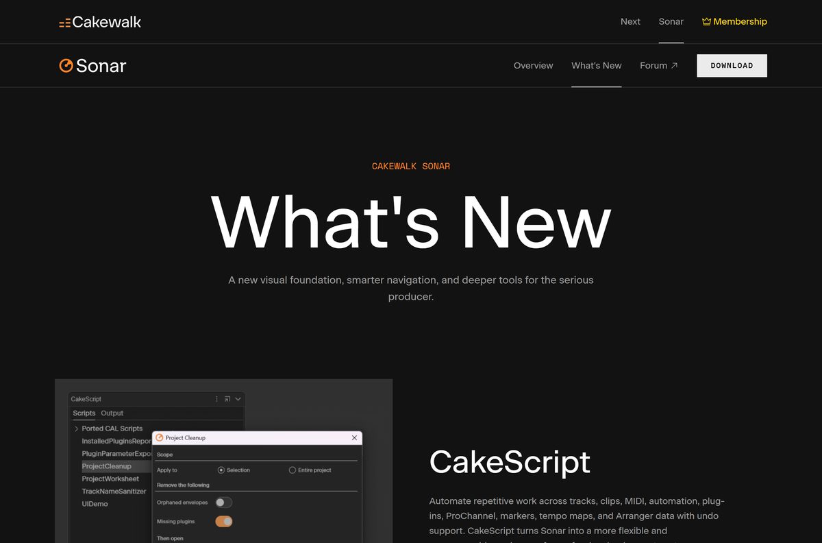 What's New page for Cakewalk Sonar listing recent features