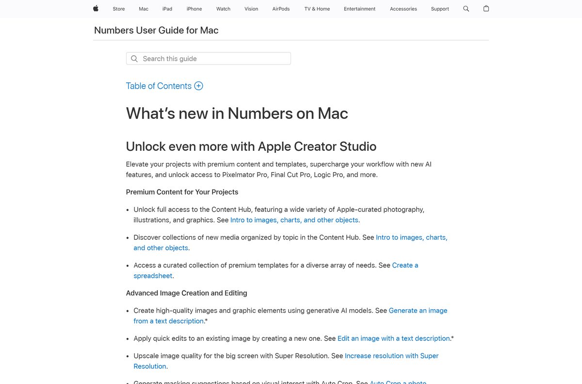 Apple page listing new sheet and color features for spreadsheets
