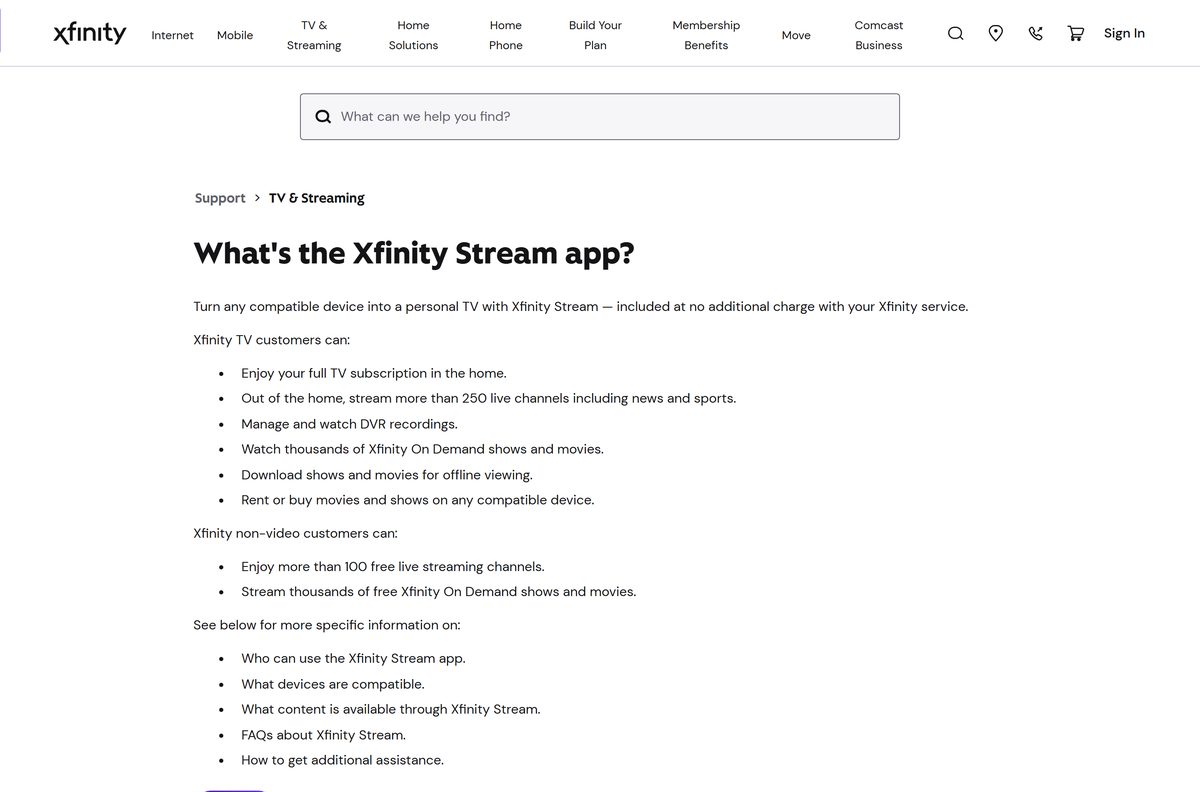 Xfinity support page explaining the Stream app and its devices