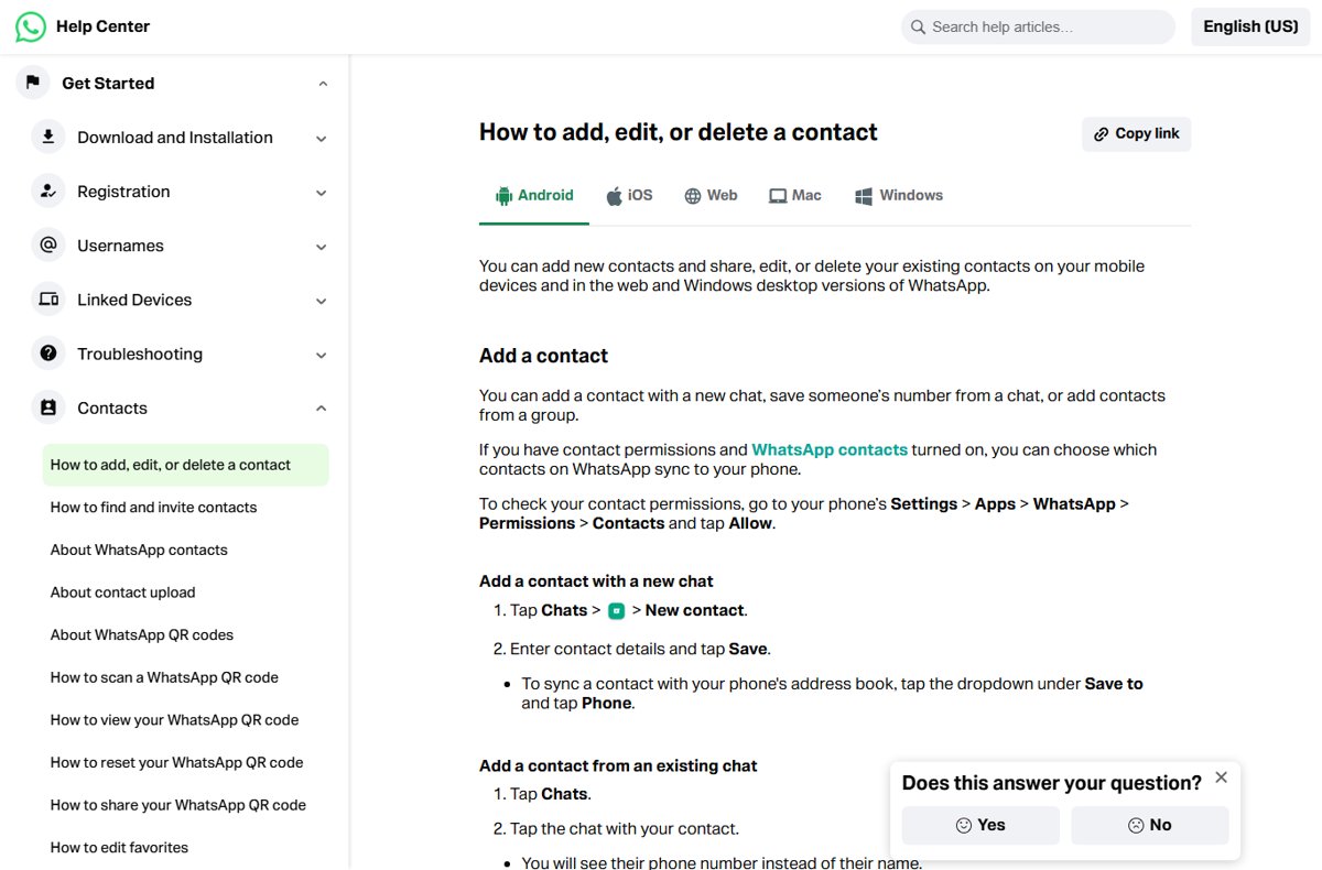 WhatsApp Help Centre Android tab for add, edit or delete a contact