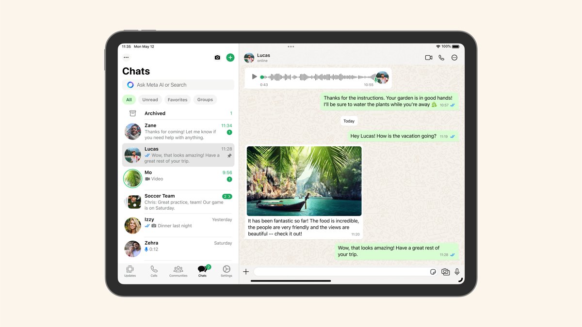 WhatsApp for iPad chat list beside an open conversation