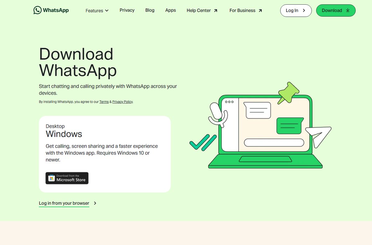 WhatsApp's official Download page with a Windows desktop app card