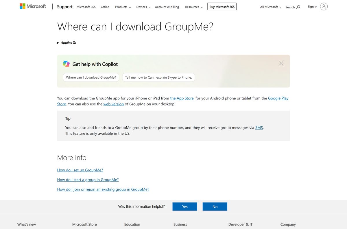 Microsoft Support article answering where to download GroupMe