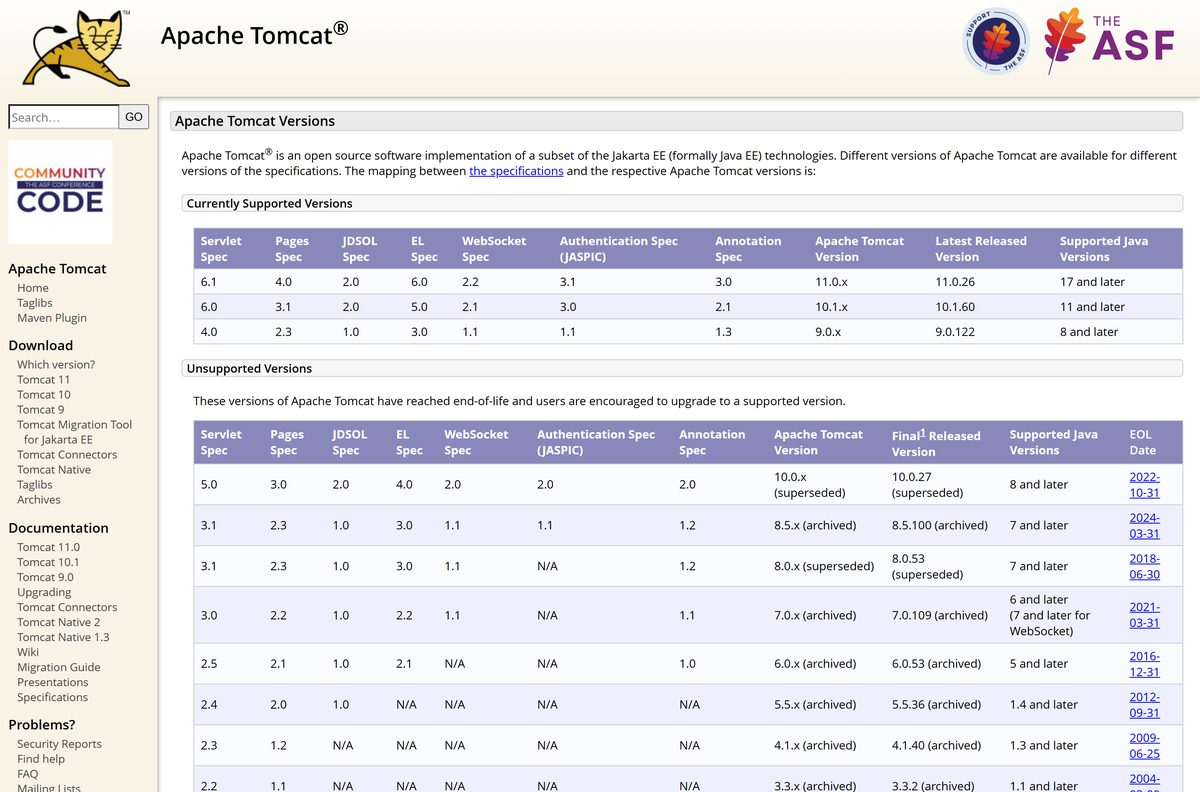 Apache Tomcat version table with specifications and minimum Java per branch