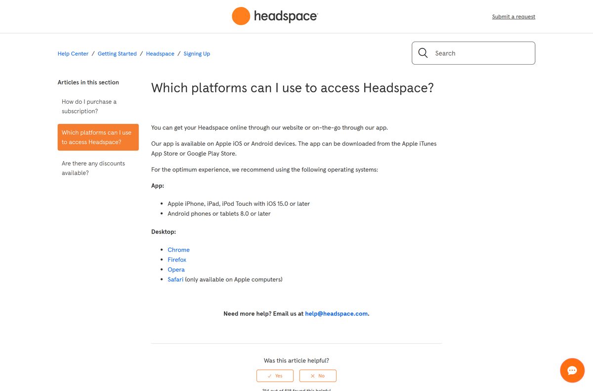 Headspace help article listing supported phones and desktop browsers