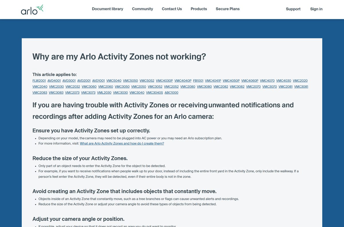 Arlo troubleshooting article for Activity Zones that send unwanted alerts