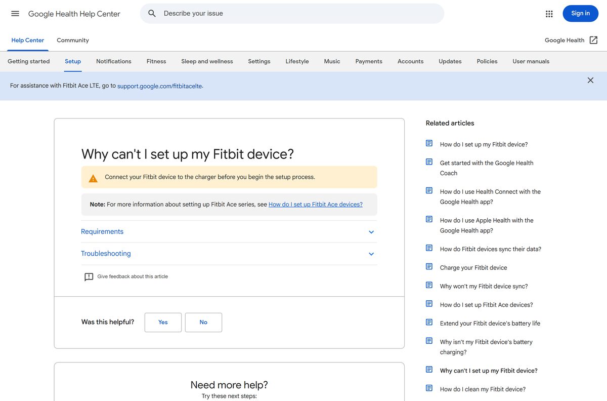 Google Health Help page listing Fitbit device setup fixes