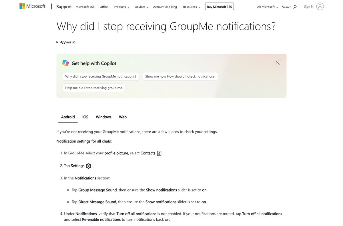 Microsoft Support page with a Windows tab for missing GroupMe notifications