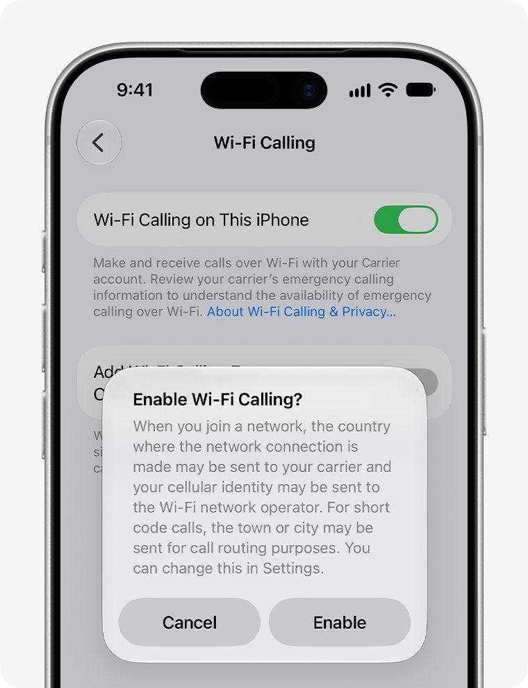 Wi-Fi Calling toggle turned on with an Enable Wi-Fi Calling confirmation prompt