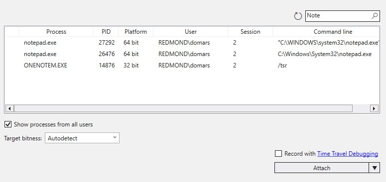 WinDbg Attach to Process dialog listing two Notepad processes to attach
