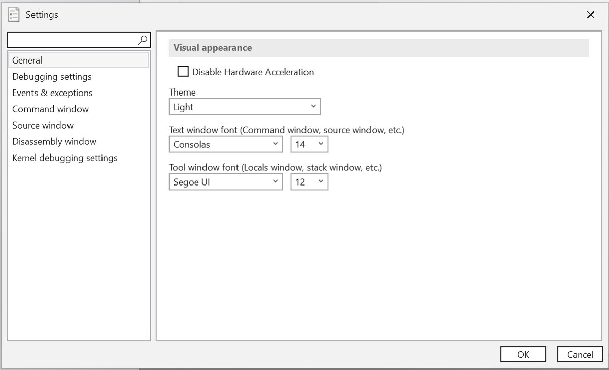 WinDbg Settings dialog open on the General tab with theme options