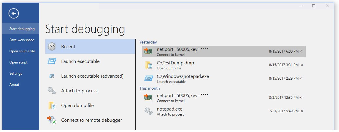 WinDbg Start debugging menu listing Open dump file and Attach to process