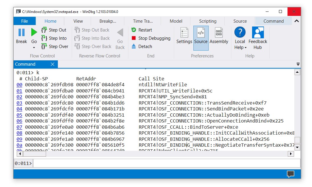 WinDbg command window showing a call stack after typing the k command