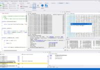 WinDbg main window with command box, disassembly, registers and stack panes
