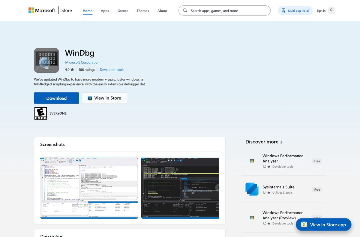Microsoft Store listing for WinDbg with its price and rating