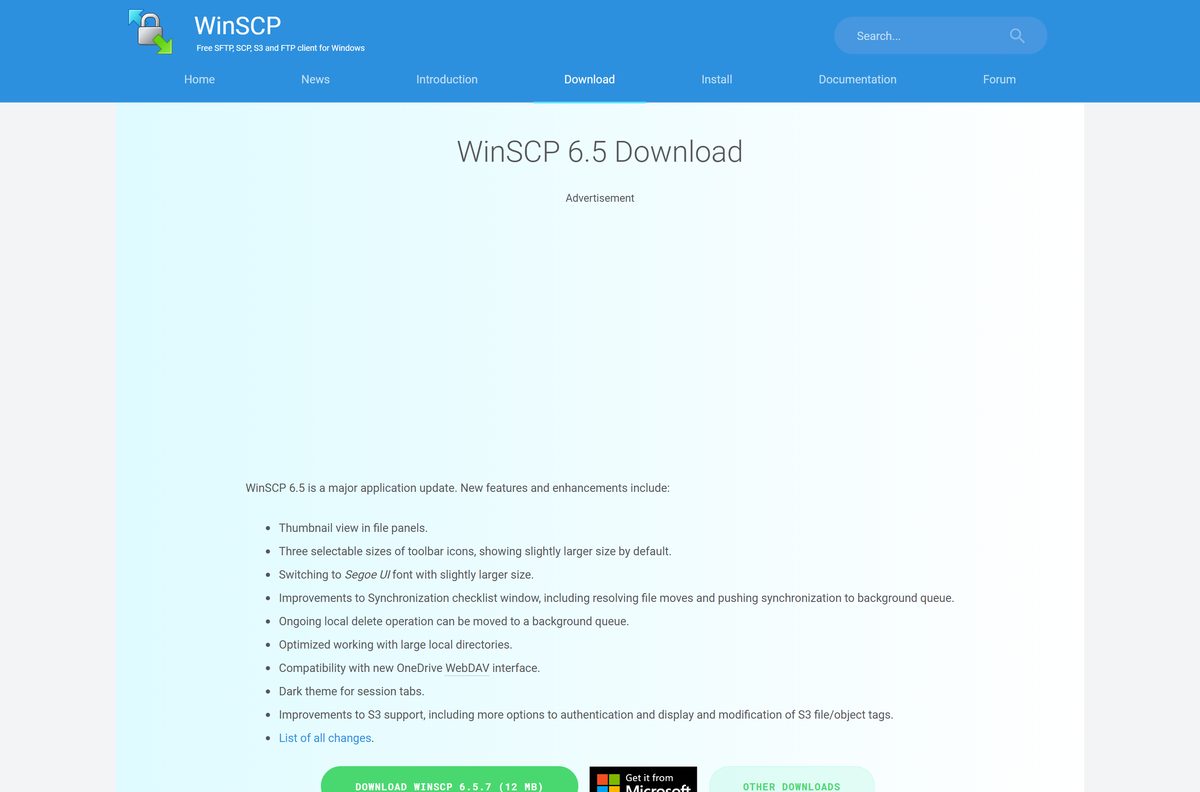 Official WinSCP download page with the main download button