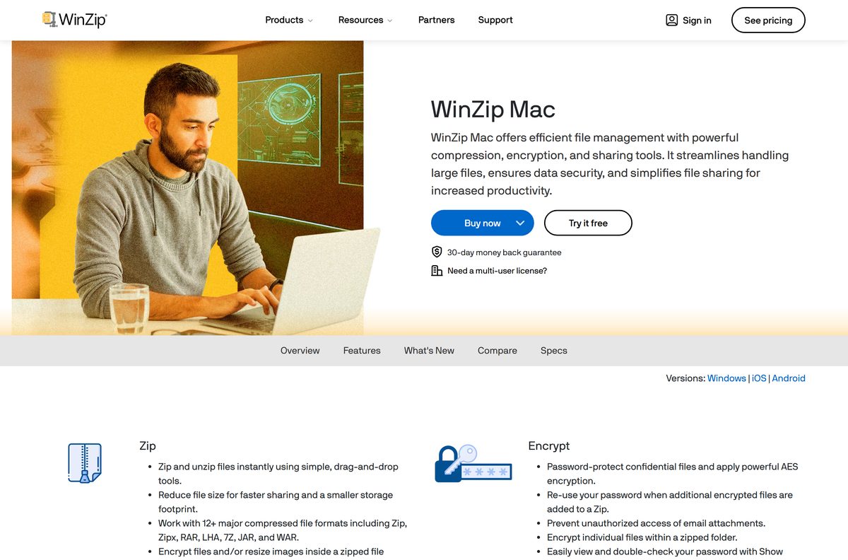 Mac product page showing compression, encryption and cloud features