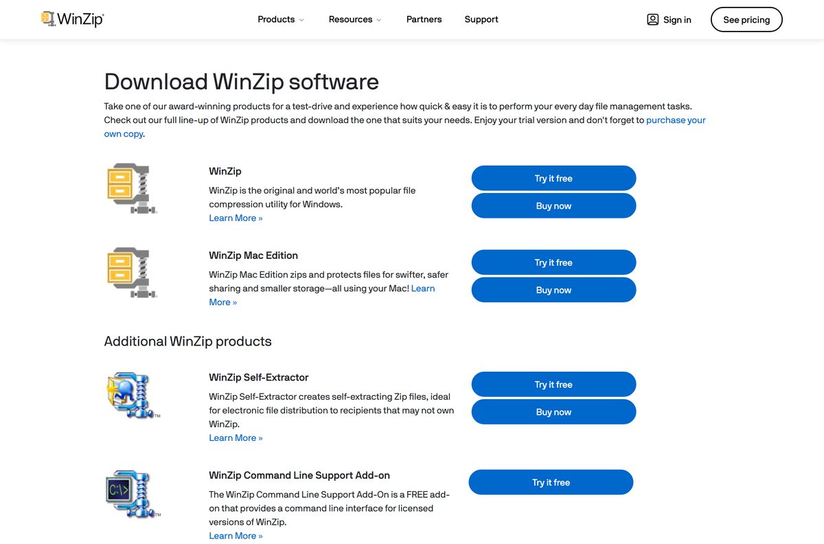 WinZip download page with Try it free buttons for each product
