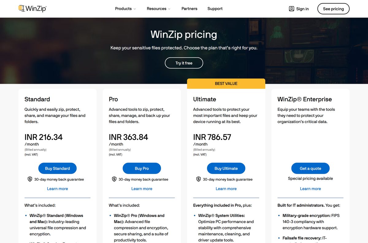 Pricing page comparing Standard, Pro and Ultimate subscription plans