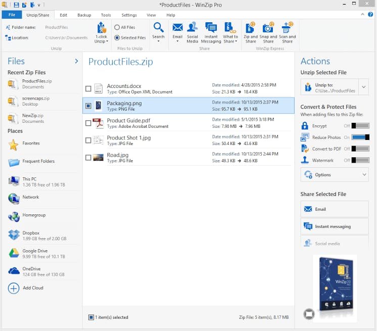 WinZip window listing a zip file's contents with Unzip to button on the right