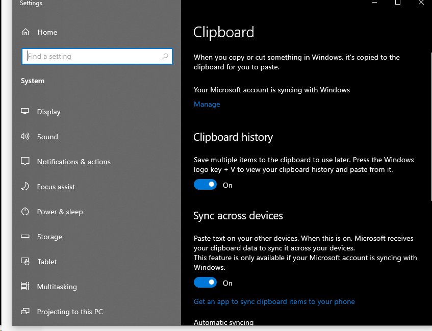 Windows 10 Clipboard settings page with Sync across devices turned on