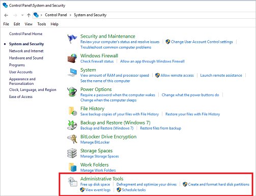 Windows 10 Control Panel System and Security page with Administrative Tools highlighted