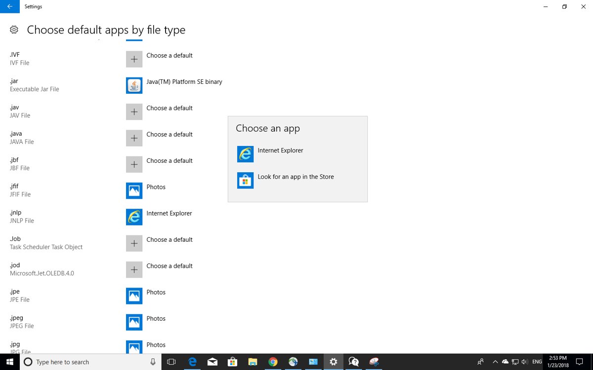 Windows 10 Default apps by file type list with app picker