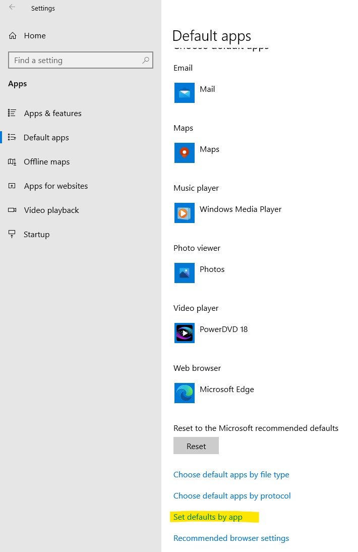 Windows 10 Default apps settings listing Microsoft Edge as the web browser