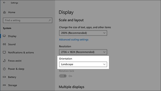 Windows 10 Display settings showing resolution, scale, and orientation options