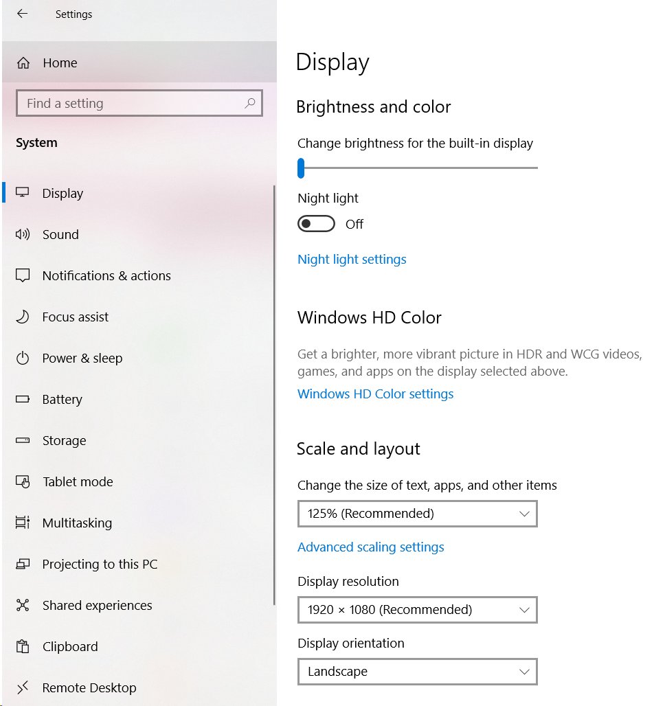 Windows 10 Display settings with no adaptive brightness check box under Brightness