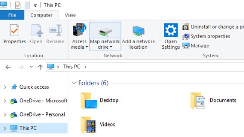 Windows 10 File Explorer Computer ribbon tab with Map network drive button
