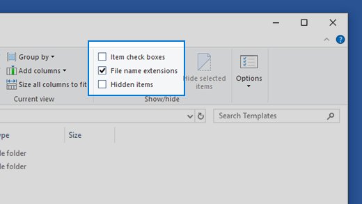 Windows 10 File Explorer View ribbon with File name extensions checkbox ticked