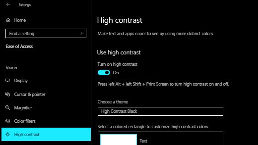 Windows 10 High contrast settings page with the feature turned on